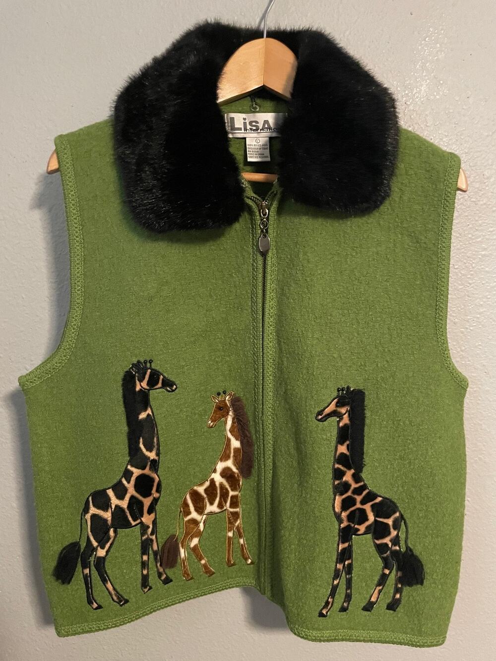 Lisa International Green Vest with Black Faux Fur Collar and Giraffe Appliqués